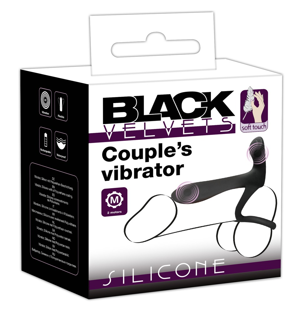 Produktverpackung eines schwarzen Silikon Paarvibrators mit weißem Hintergrund und Markenlogo.