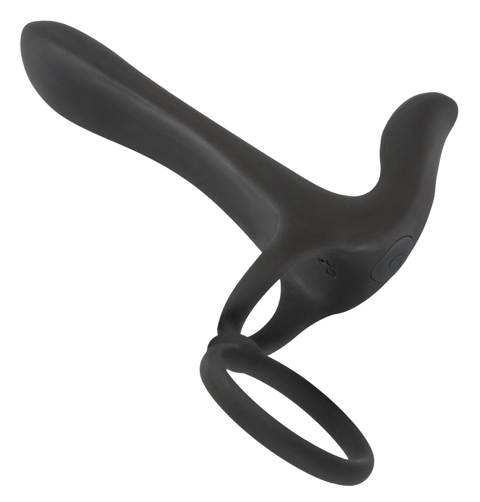 Ein schwarzes, ergonomisches Sexspielzeug mit Ringbasis und geschwungenem Schaft vor weißem Hintergrund.
