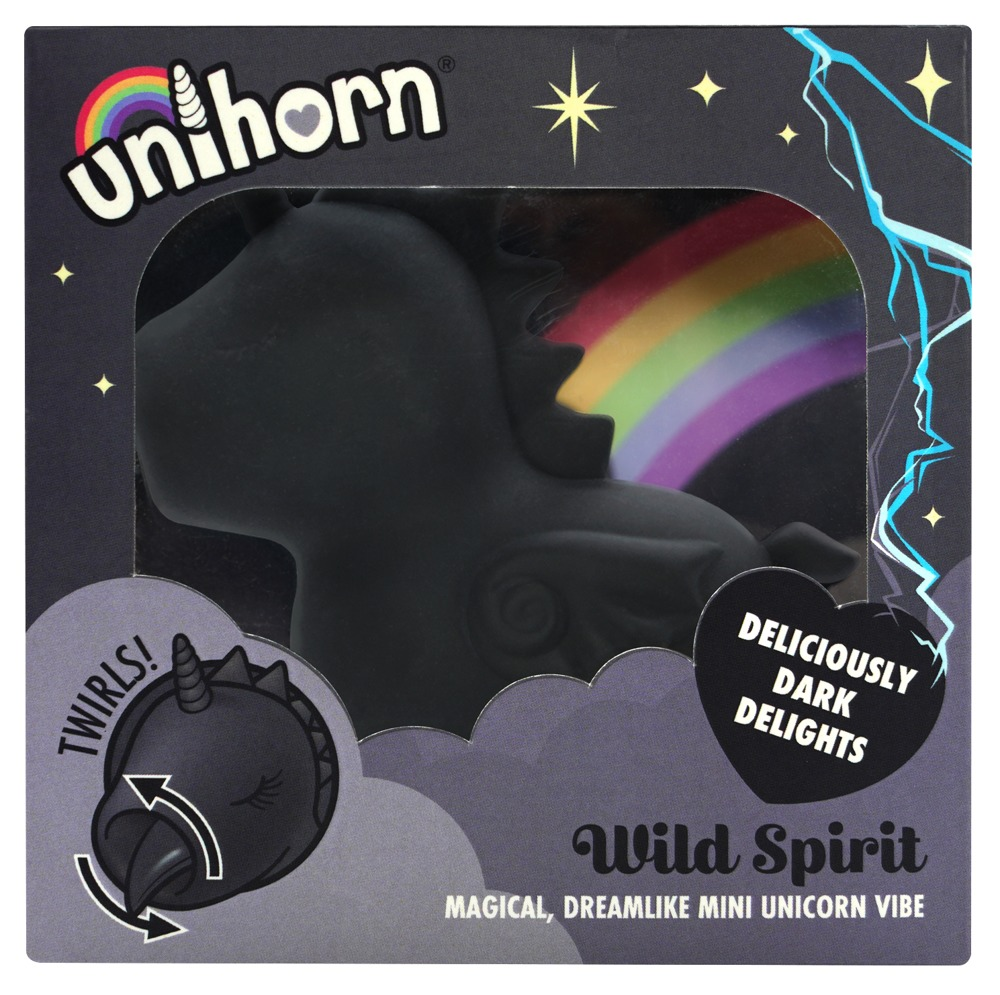 Schwarze Einhorn-Box mit Regenbogen, Sternen und Blitzsymbolen, die den Text Wild Spirit und Deliciously Dark Delights zeigt.