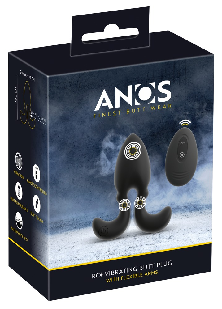 Schwarze Produktverpackung für einen ferngesteuerten Vibrations-Analsekreten mit flexiblen Armen.
