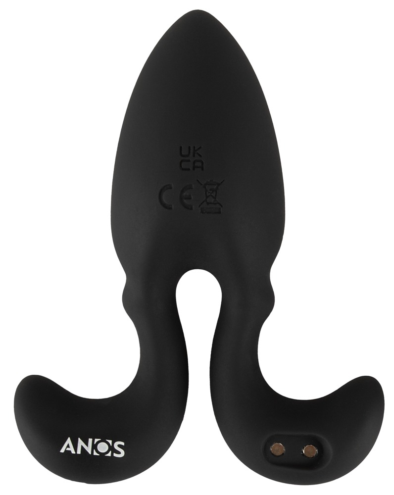 Ein schwarzes, Y-förmiges Silikon-Sexspielzeug mit CE-Prüfzeichen und zwei magnetischen Ladepunkten.