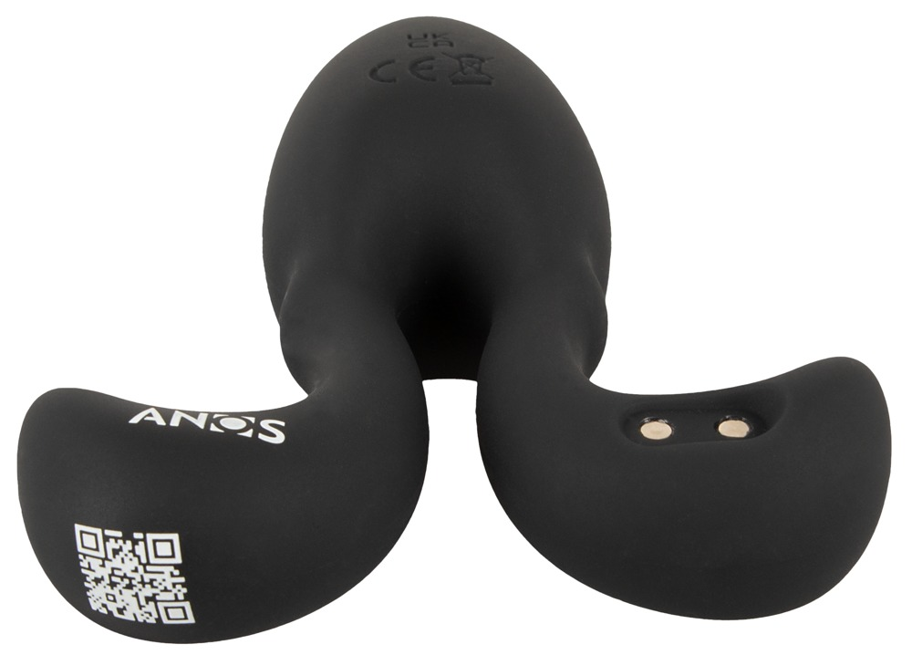 Ein schwarzes, Y-förmiges Silikon-Sexspielzeug mit Logo, QR-Code und zwei goldenen Ladekontakten auf weißem Hintergrund.