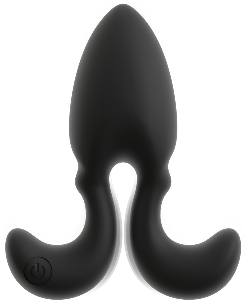 Ein mattes, schwarzes Silikon-Sexspielzeug mit einer bogenförmigen Spitze und zwei gebogenen Griffen auf weißem Grund.