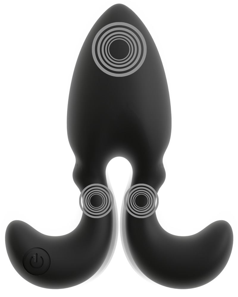 Schwarzes, zweiteiliges Wellness-Gerät mit runden Vibrationssymbolen und einem kleinen Power-Button.