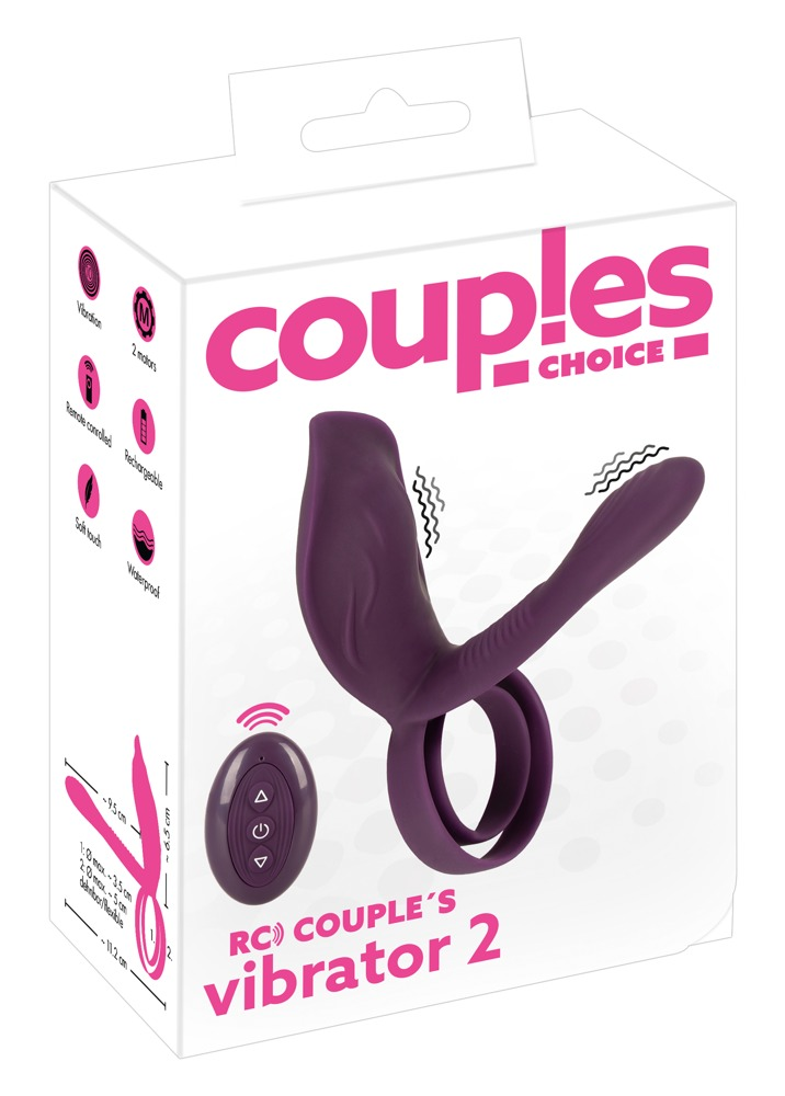 Lila V-förmiger Vibrator mit Fernbedienung und Verpackung.