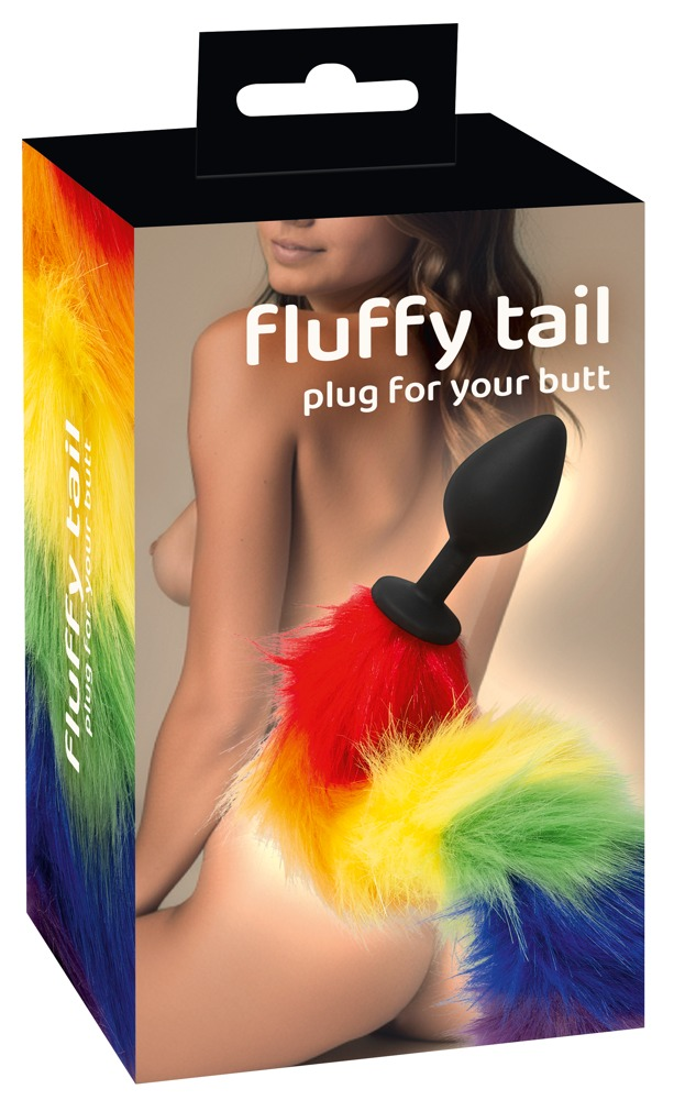 Produktverpackung für einen schwarzen Plug mit einem langen, regenbogenfarbenen Puschelschwanz.