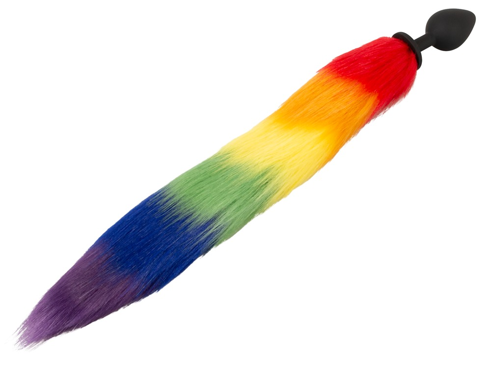 Ein bunter Regenbogen-Plüschschweif mit einem schwarzen Basisstück auf weißem Hintergrund.
