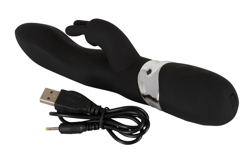 Ein schwarzes, ergonomisches Sexspielzeug mit silbernem Ring und einem USB-Ladekabel auf weißem Hintergrund.