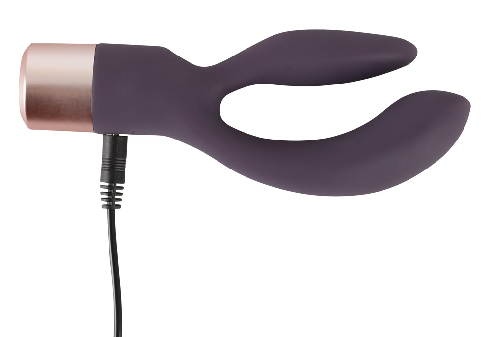 Lila, zweizweigiges Sexspielzeug mit roségoldenem Sockel und schwarzem Ladekabel vor weißem Hintergrund.