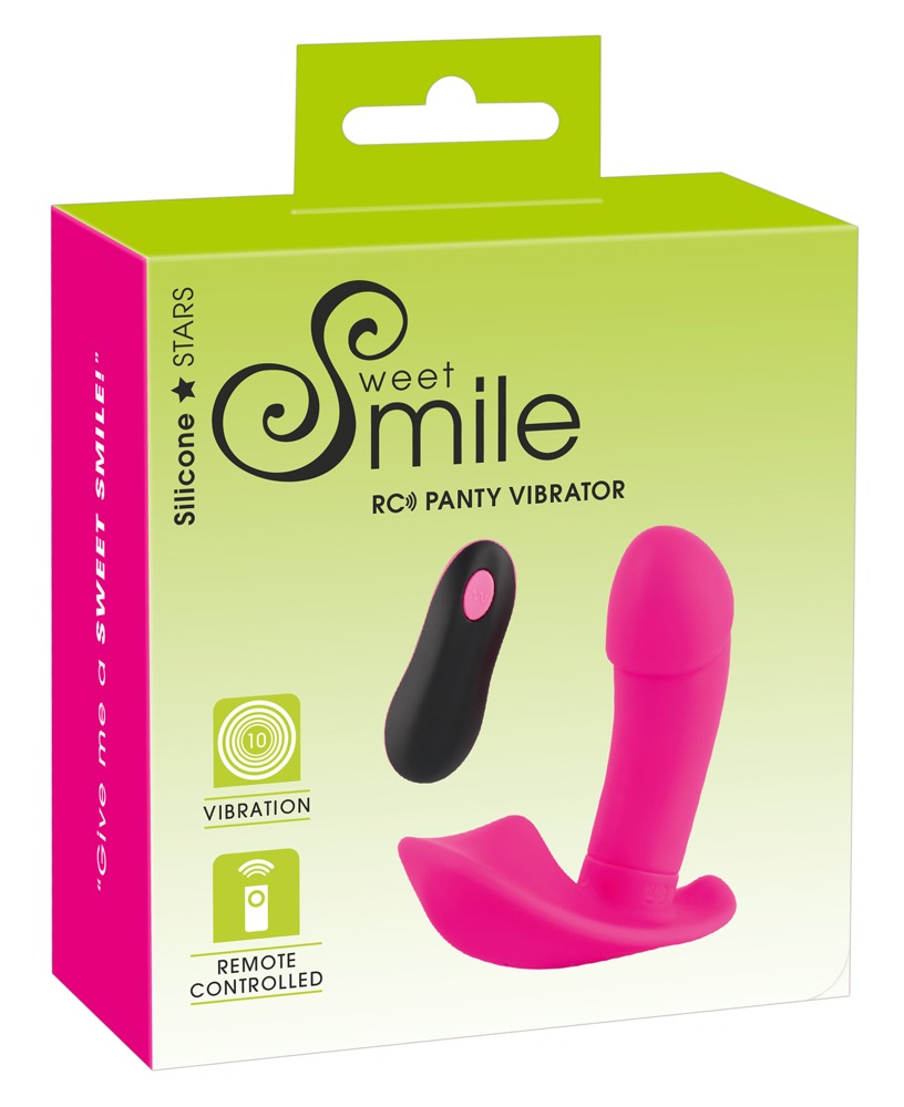 Grüne Box für Sweet Smile Panty Vibrator mit rosa Vibrator und schwarzer Fernbedienung.