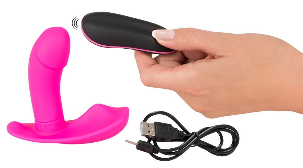 Eine Hand hält eine schwarze Fernbedienung neben einem rosa Sexspielzeug, darunter ein USB-Ladekabel.