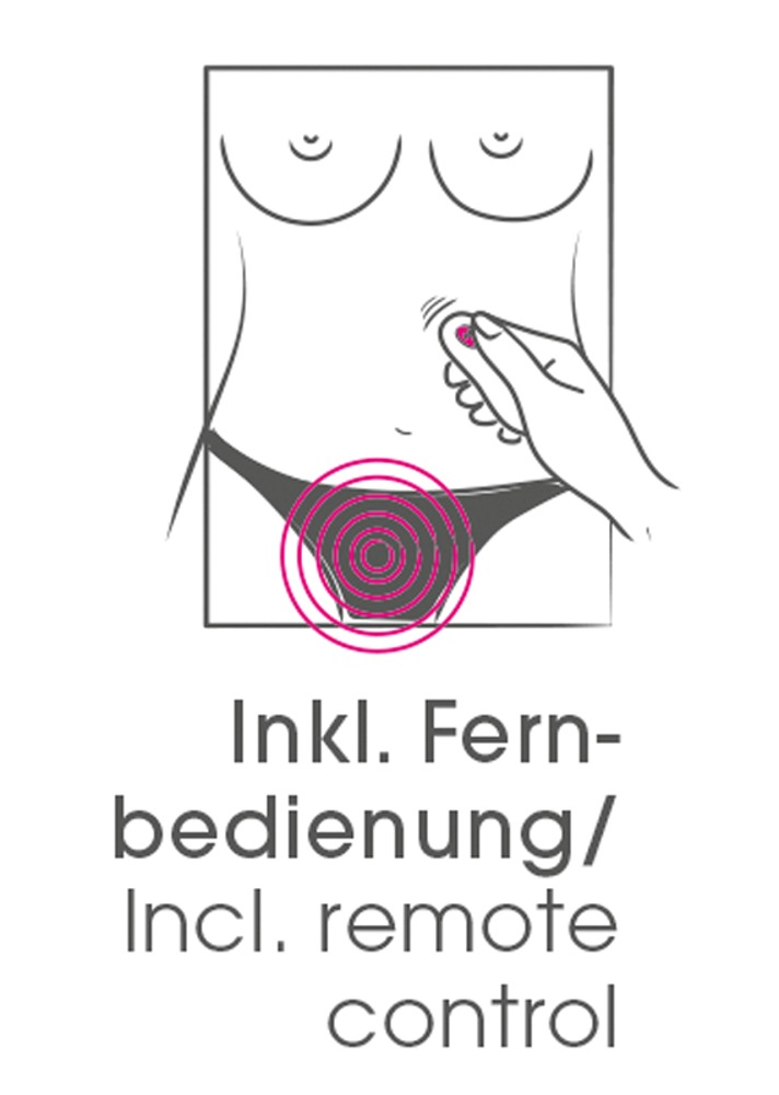 Diagramm zeigt Frauenkörper mit Hand, die Fernbedienung hält, und pinken Vibrationskreisen, mit Text 'inkl. Fernbedienung'.