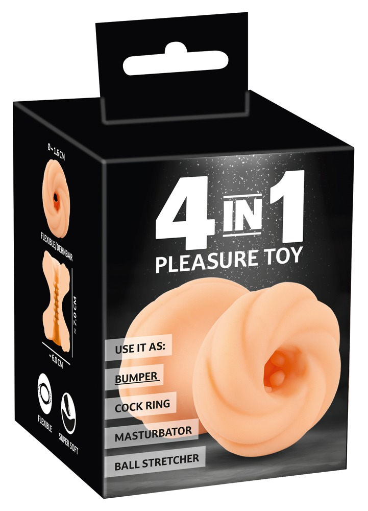 Schwarze Verpackung eines hautfarbener 4-in-1 Pleasure Toys mit weißer Aufschrift.