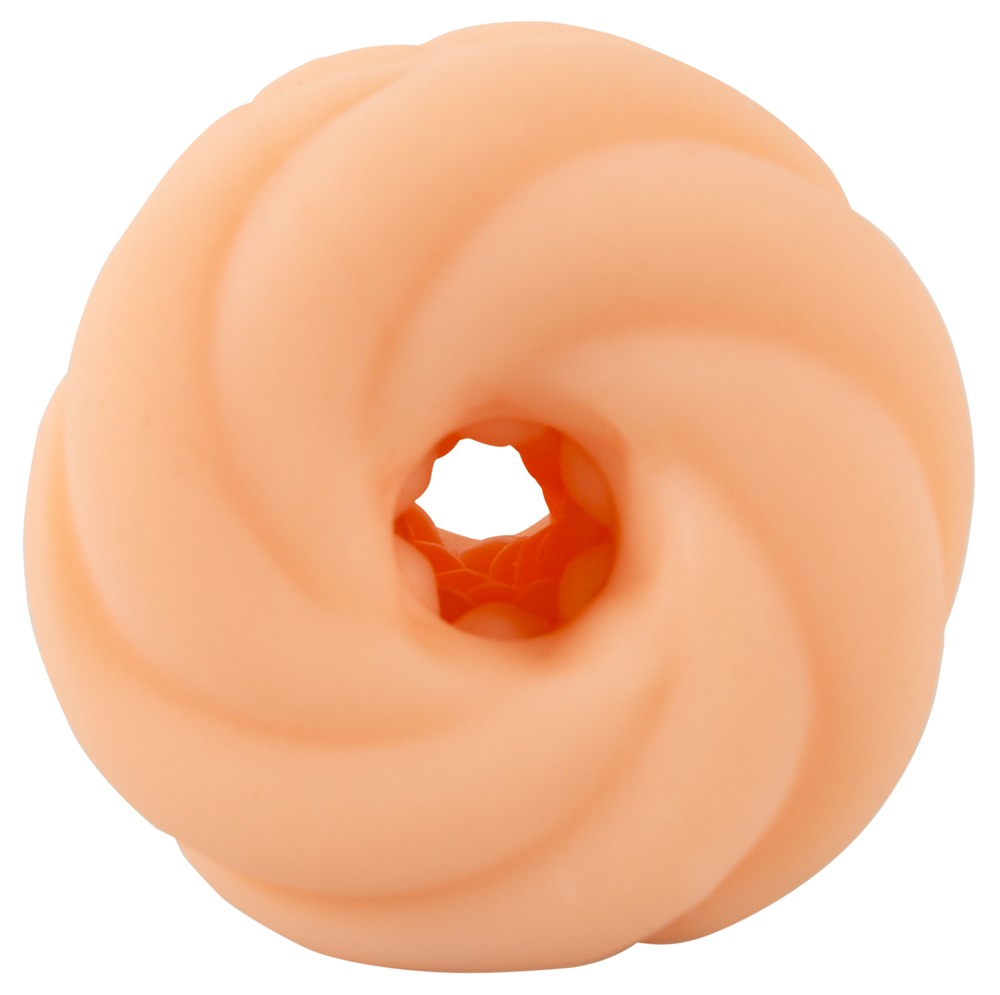 Ein pfirsichfarbenes, gedrehtes donutfförmiges Gummiobjekt mit hohler Mitte vor weißem Hintergrund.