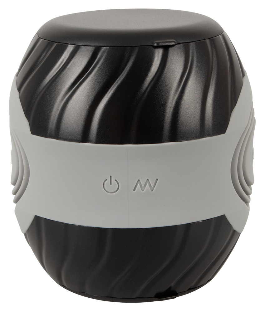 Ein schwarzer und grauer Massageball mit gerippten Mustern und einer Ein-Aus-Taste.