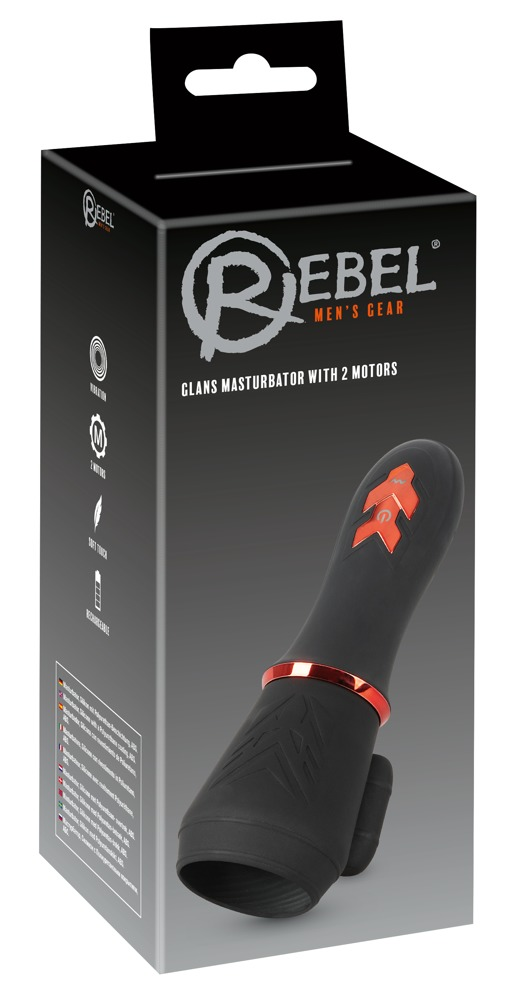 Schwarze Produktverpackung eines Männer-Geraets mit rotem Zierring und Orangen Bedienelementen.