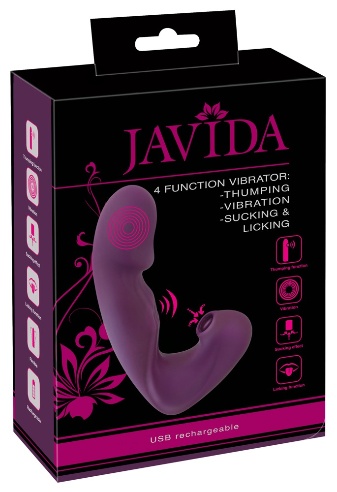 Eine schwarze und pinke Verpackung für einen Javidia 4-Funktions-Vibrator, USB-wiederaufladbar.