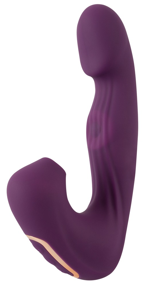 Ein lilafarbener, geschwungener Vibrator mit rosa Akzenten vor weißem Hintergrund.