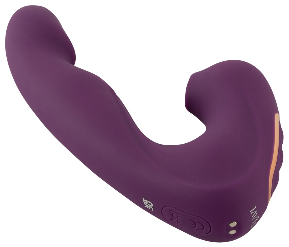 Ein geschwungenes, violettes Wellness-Gerät mit rosafarbenen Akzenten und sichtbaren Bedienknöpfen auf weißem Hintergrund.