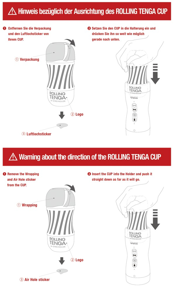 Instrukcja dotycząca ustawienia i użycia Rolling Tenga Cup z grafiką na czerwono-białym tle.
