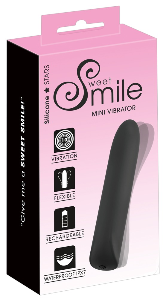 Rosa und schwarze Verpackung für einen schwarzen Sweet Smile Mini-Vibrator mit Features-Icons.
