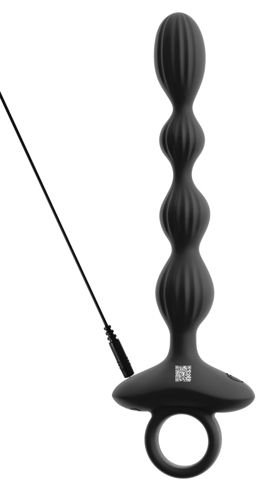 Ein schwarzes, bienenkorbartiges Spielzeug mit vier kugelfermigen Segmenten, einem Griffring und einem Kabel.