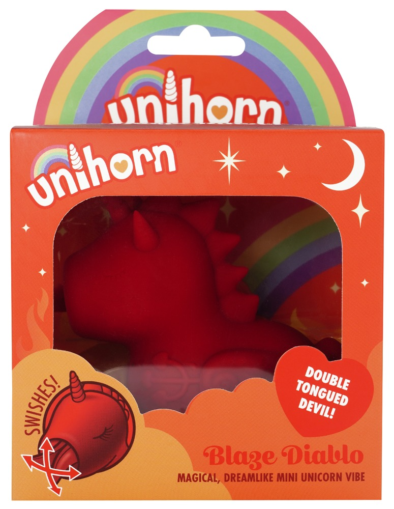 Rote Unihorn Blaze Diablo Mini-Vibrator-Verpackung mit Regenbogen- und Teufelsmotiven.