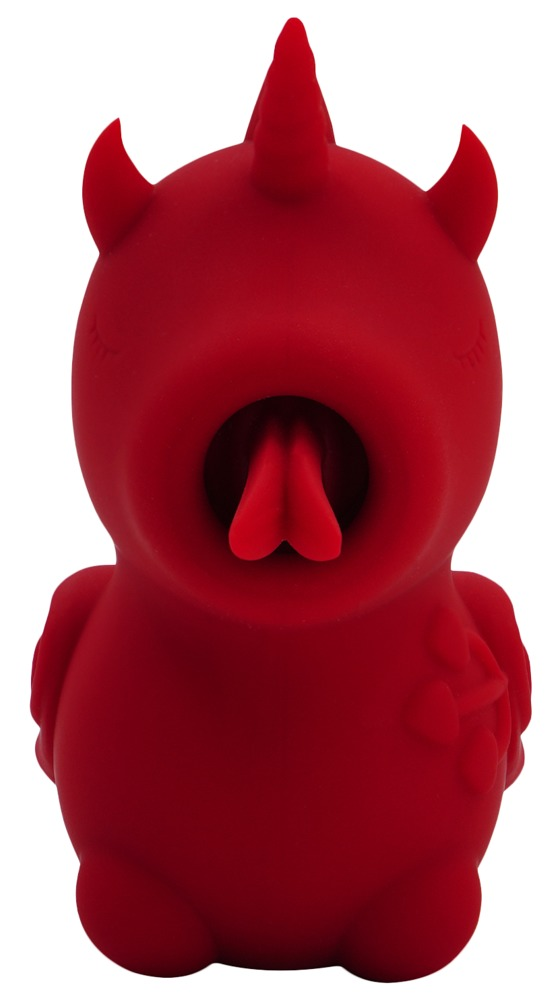 Ein rotes Silikondämonenspielzeug mit Hörnern, einem Horn in der Mitte und herausschauender Zunge auf weißem Hintergrund.