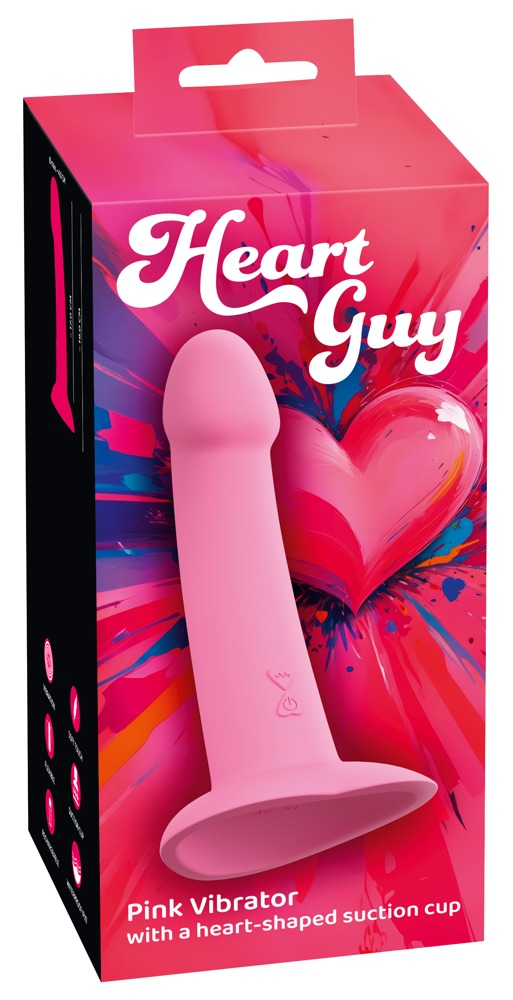 Rosa Vibrator in einer pinken Heart Guy Verpackung mit Herz-Motiv und Saugfuß.