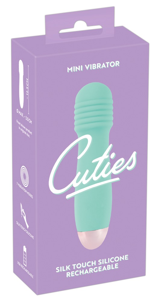 Lila Verpackung mit Aufschrift Cuties und Bild eines mintgrünen Mini-Vibrators.