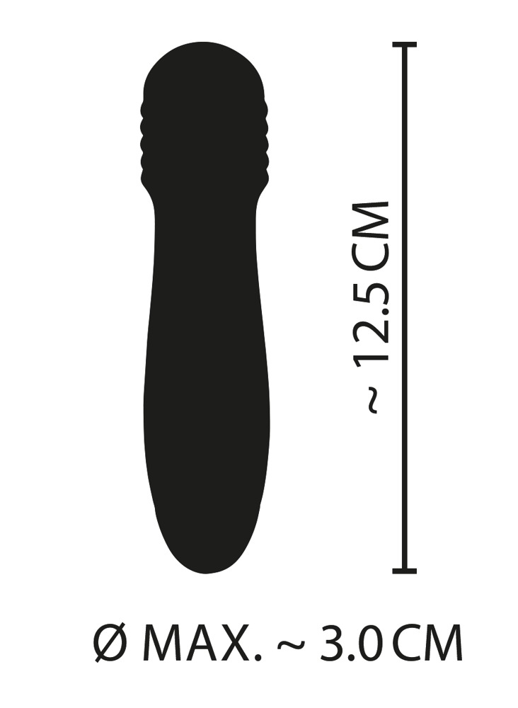 Schwarze Silhouette eines Sexspielzeugs mit Maßen von ca. 12,5 cm Länge und maximal ca. 3,0 cm Durchmesser.