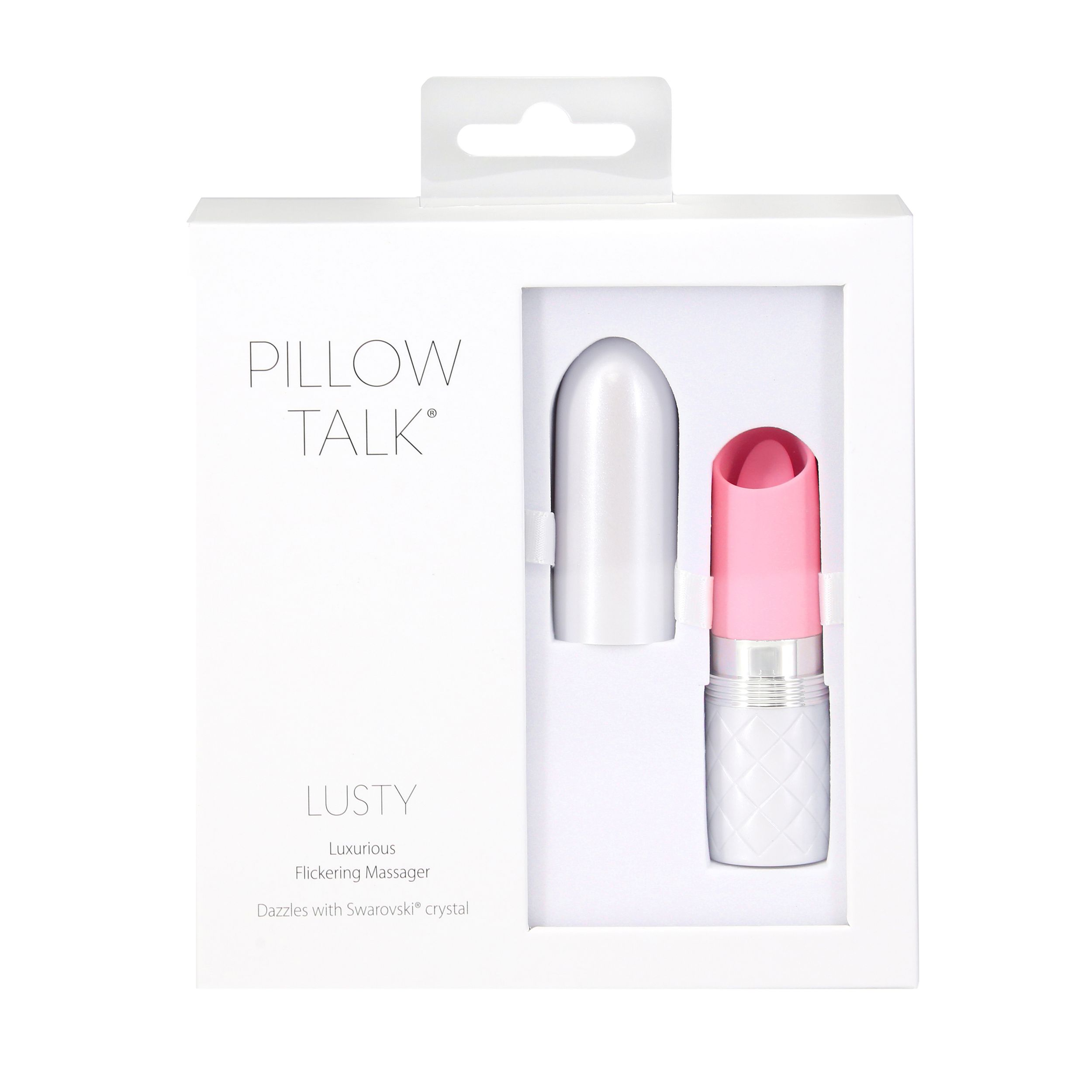 Eine weiße Schachtel mit Pillow Talk Lusty Massager in Silber und Pink, verziert mit einem Swarovski-Kristall.