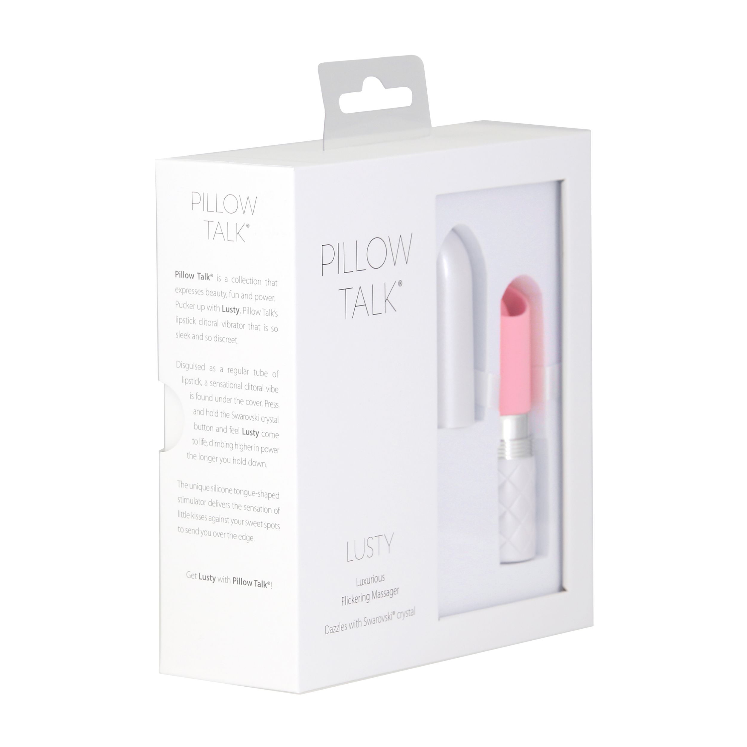 Eine weiße Verpackung für den Pillow Talk Lusty Lippenstift-Vibrator, durch ein Fenster ist das rosa Gerät sichtbar.