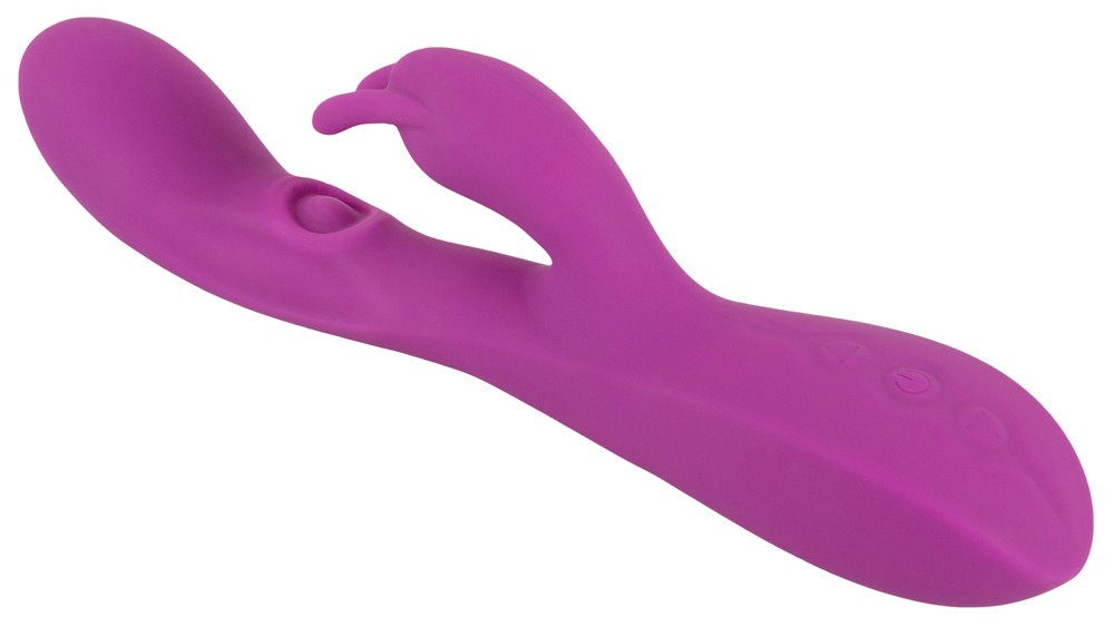 Ein violetter Silikon-Duales-Stimulations-Vibrator vor weißem Hintergrund.