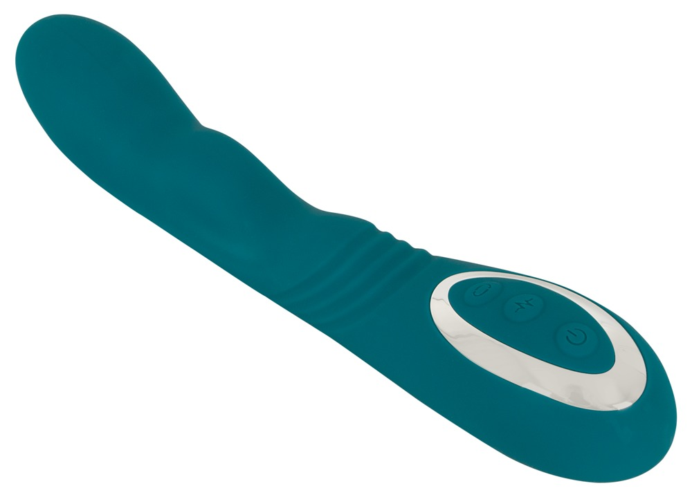 Ein türkisfarbenes, ergonomisch geformtes Produkt mit silbernem Bedienteil und drei Tasten.