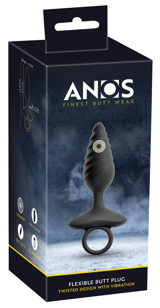 Eine schwarze Verpackung zeigt einen gedrehten, vibrierenden Analdildo mit Ringbasis vor blauem Rauch.
