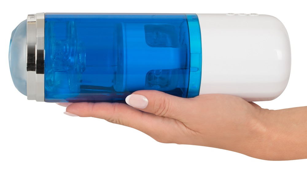 Eine Hand hält ein blau-weißes zylindrisches Gerät mit transparentem Mittelstück.