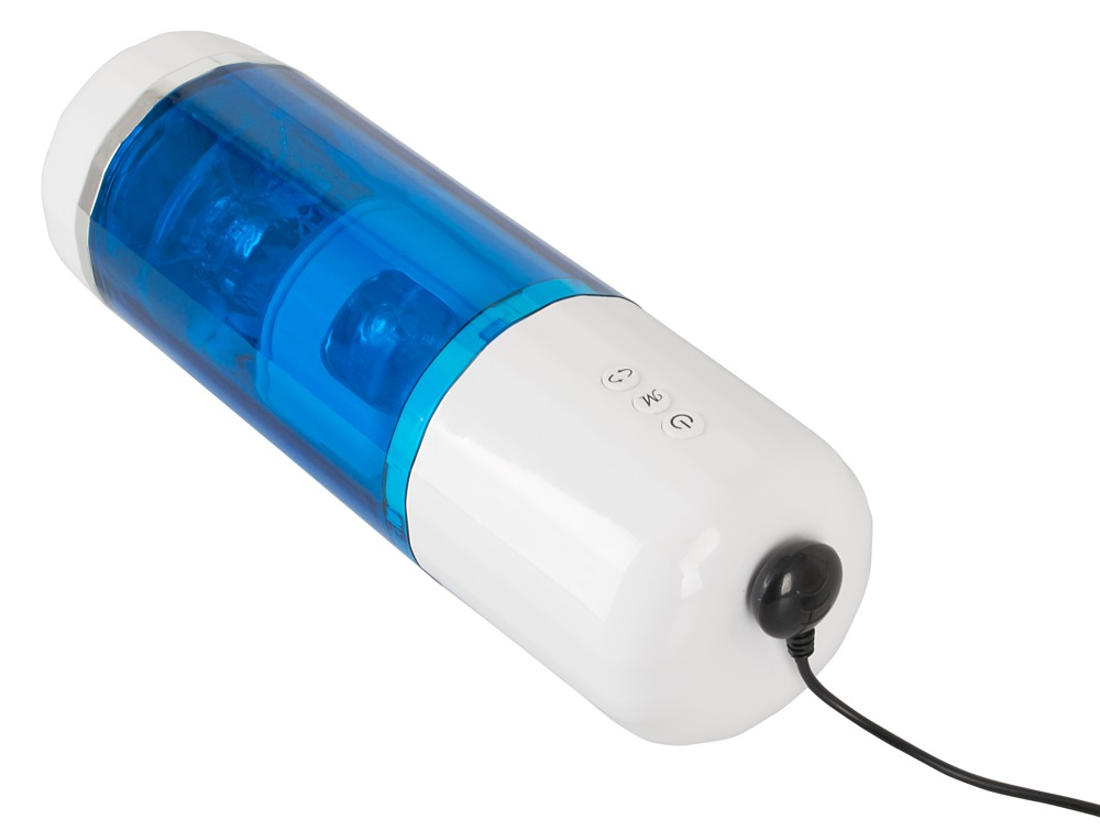 Ein zylindrisches, weiß-blaues elektronisches Gerät mit Steuertasten und angeschlossenem schwarzem Netzkabel auf weißem Grund.