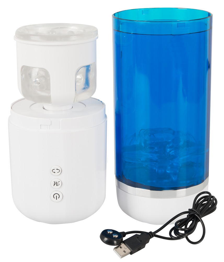 Weißes und blaues elektronisches Pflegegerät mit abnehmbaren Teilen und USB-Ladekabel vor weißem Hintergrund.