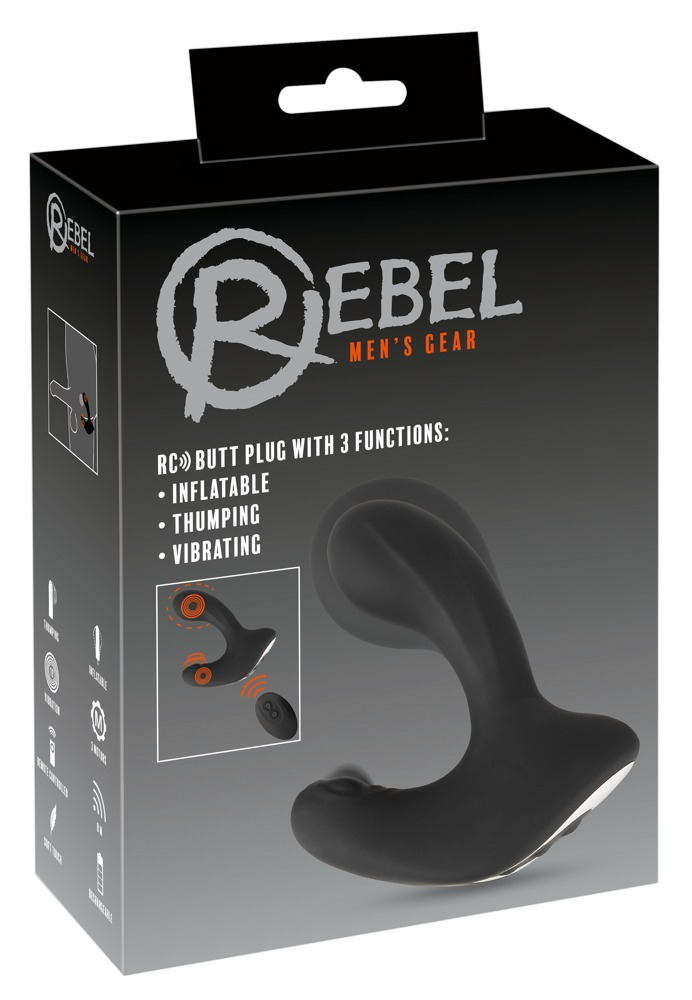 Schwarze Produktverpackung eines RC-Analdildos mit Aufschrift und Produktabbildung.