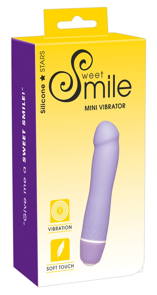 Gelbe Verpackung mit der Aufschrift Sweet Smile und Abbildung eines lila Mini-Vibrators.
