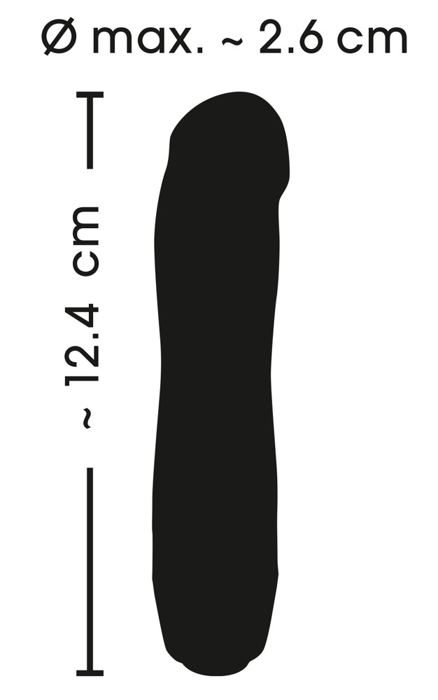 Schwarze Silhouette eines abgerundeten Gegenstands mit Maßen von ca. 12,4 cm Länge und 2,6 cm Durchmesser.