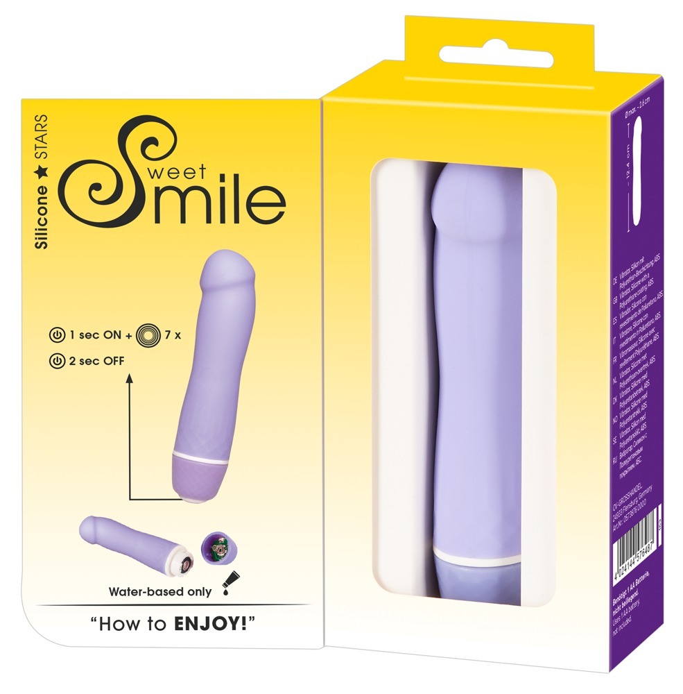 Ein lila Sweet Smile Silikonvibrator in einer gelben Verpackung mit Gebrauchsanweisung.