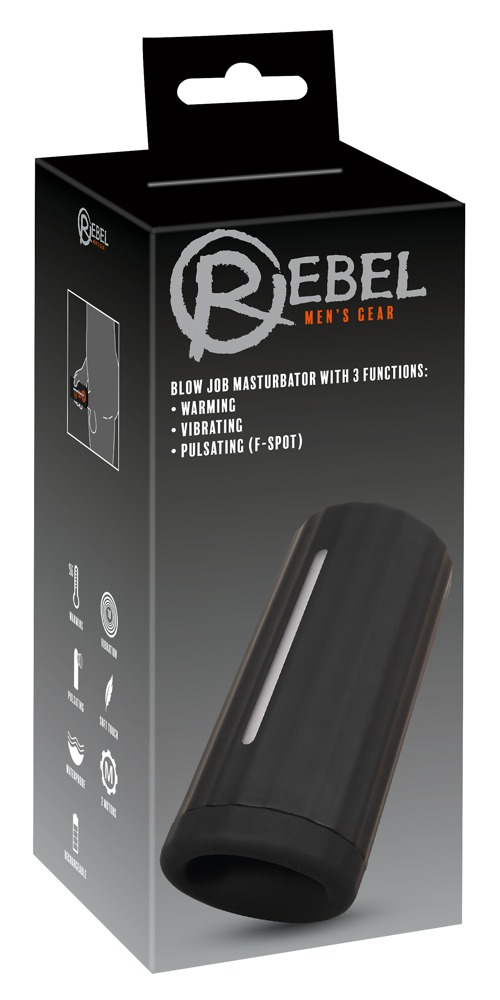 Eine schwarze Schachtel für den Rebel Men's Gear Masturbator mit Funktionen wie Wärmen und Vibrieren.