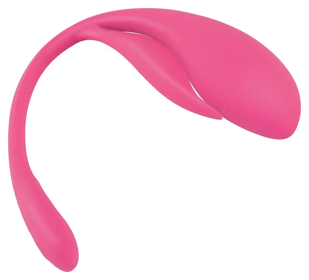 Ein glattes, pinkfarbenes Silikon-Paarungsspielzeug mit geschwungenem Design vor weißem Hintergrund.