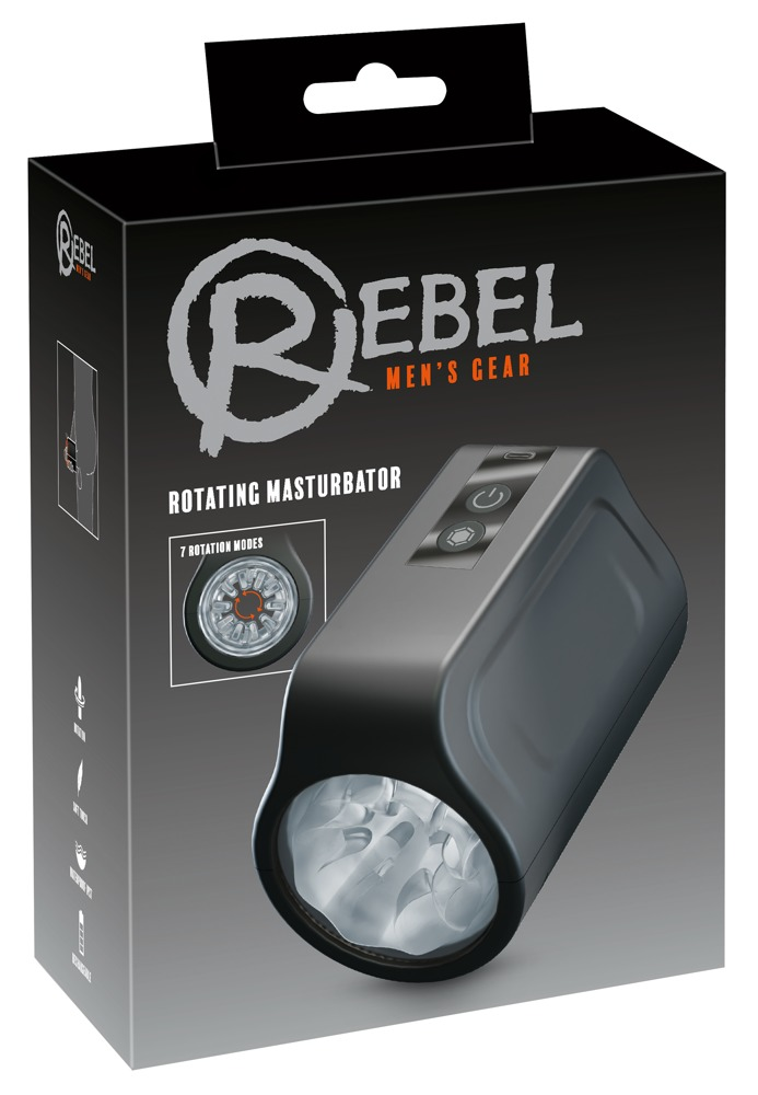 Schwarze Produktverpackung für einen Rebel Men's Gear Rotationsmasturbator mit Produktabbildung.
