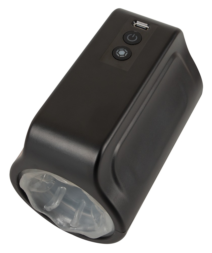 Ein schwarzes elektronisches Gerät mit einem USB-Anschluss und einer strukturierten, transparenten Silikonöffnung.