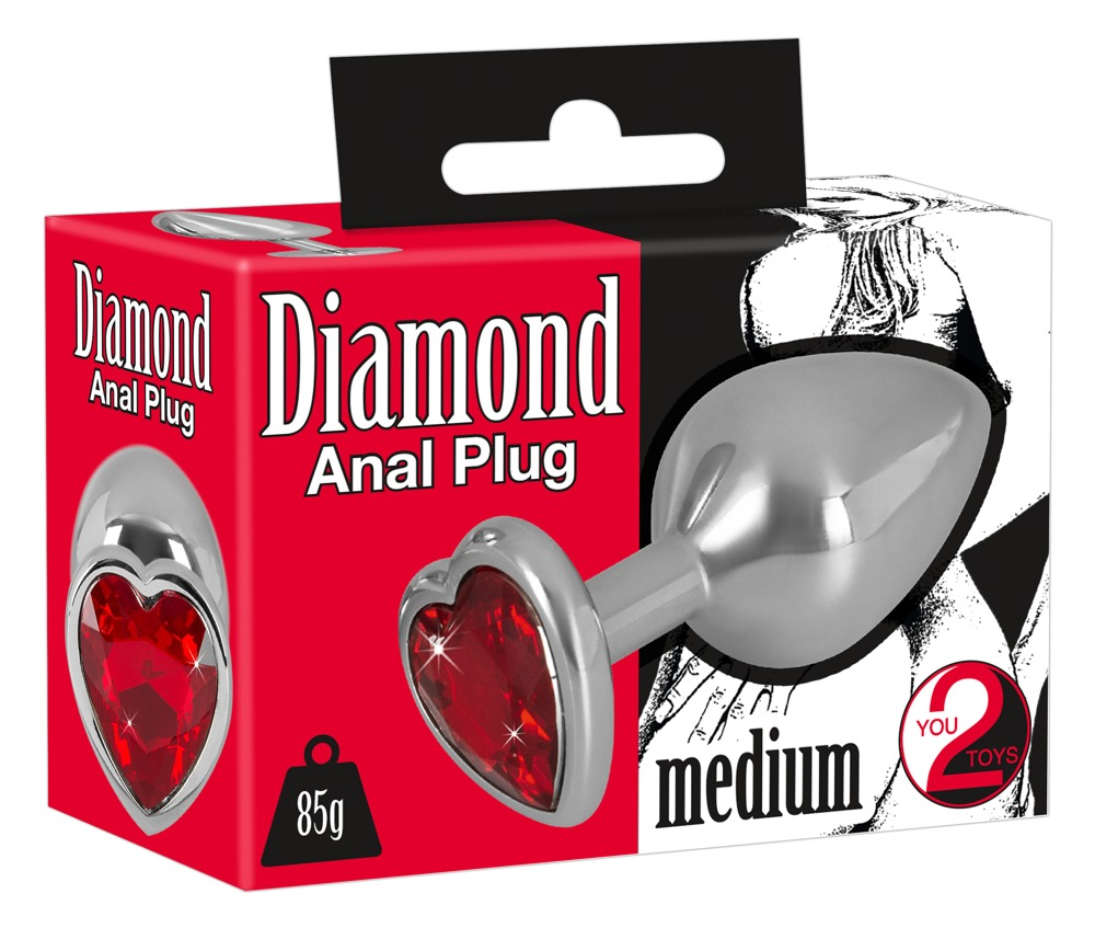 Confezione per un plug anale argentato con gemma rossa a forma di cuore.