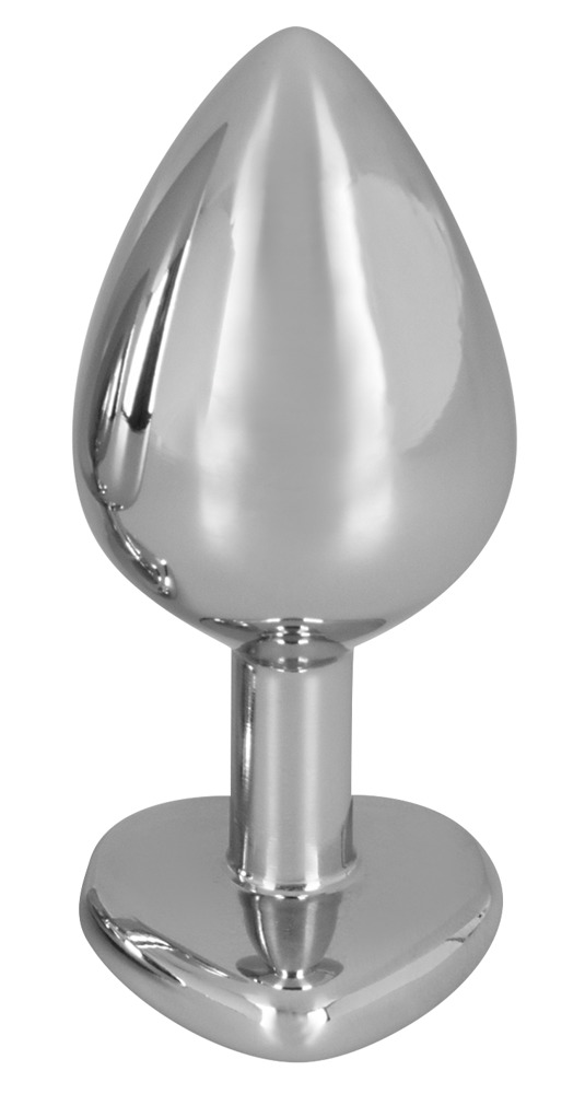 Un oggetto metallico lucido a forma di goccia con base a cuore su sfondo bianco.