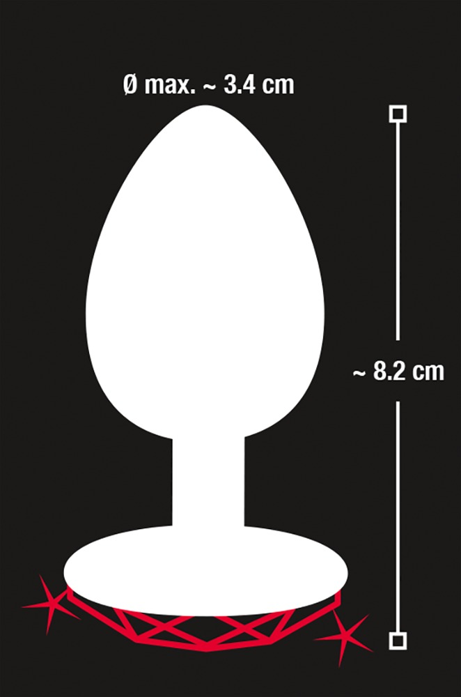 Diagramma di un plug anale con dimensioni di ca. 8,2 cm di altezza e max. 3,4 cm di diametro.